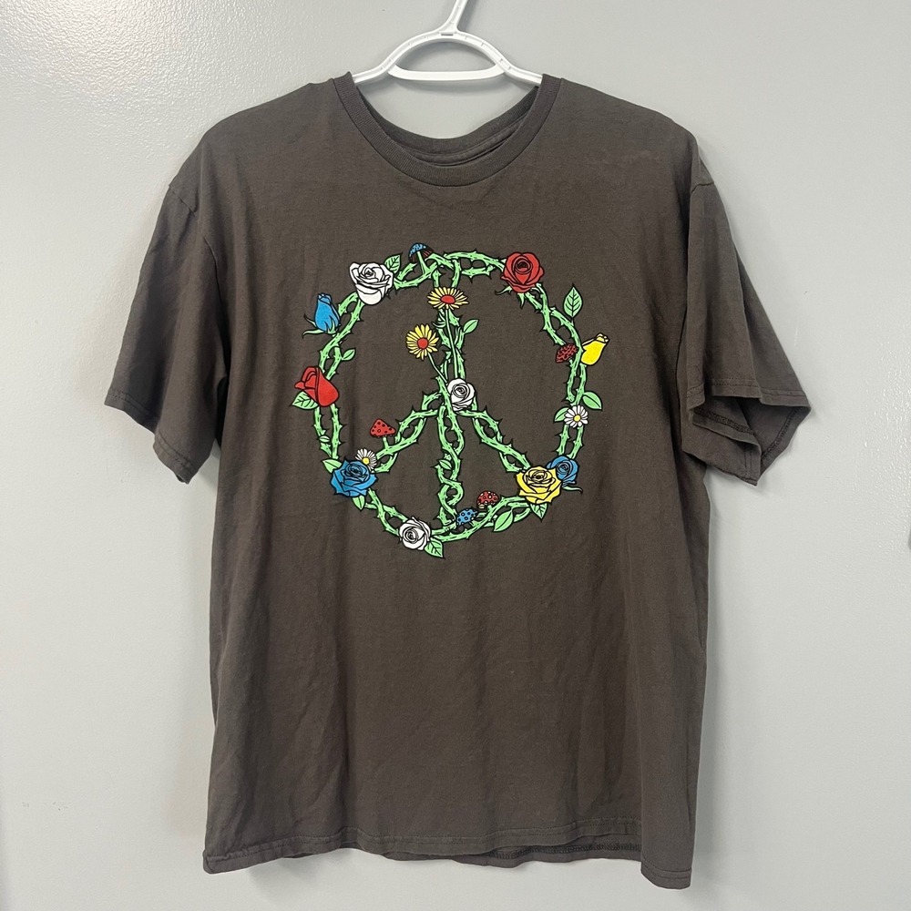 D&M Its About the Art Mens Large Gray Peace Sign Floral Roses Graphic T-Shirt